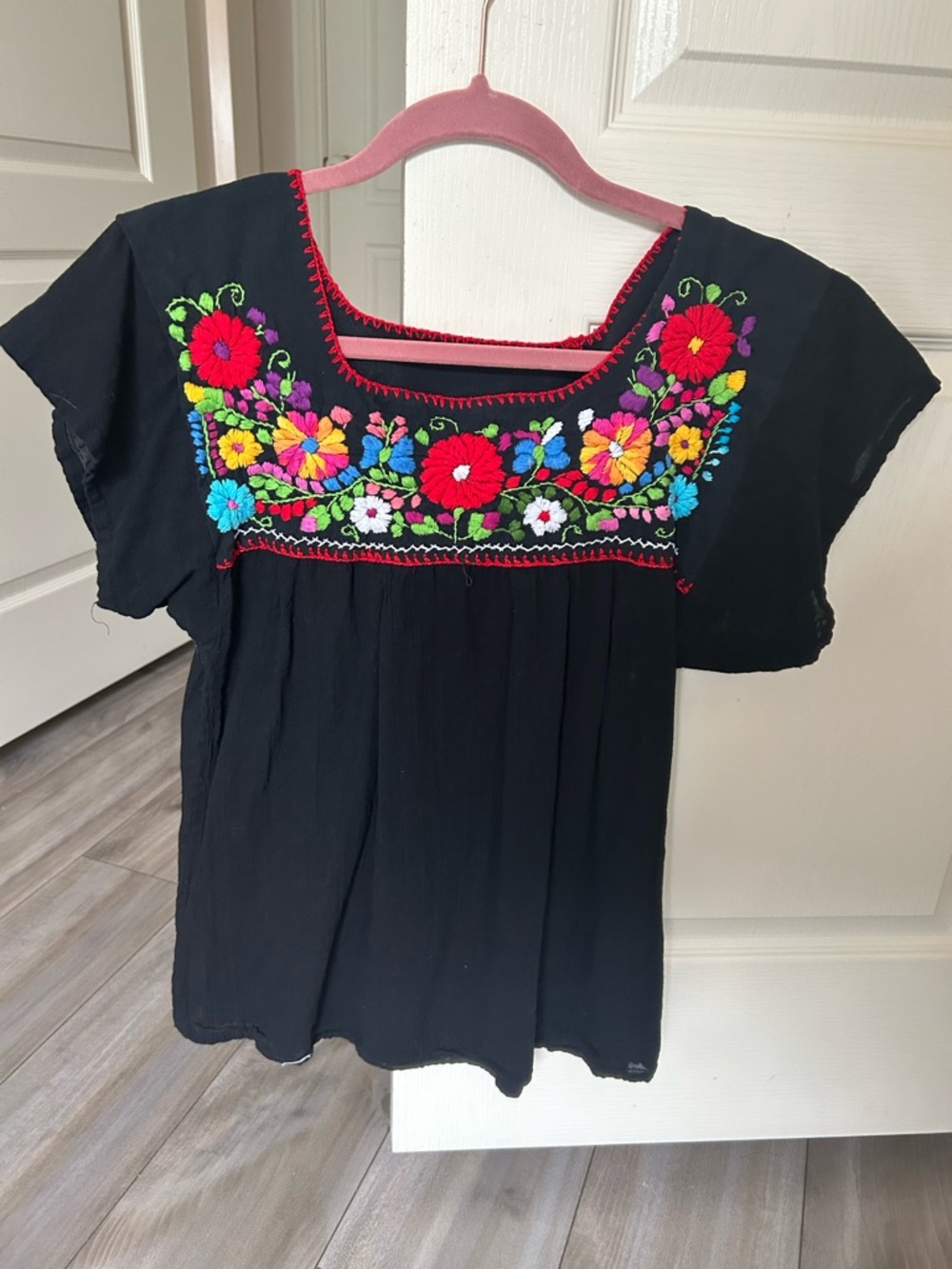 Black Floral Embroidered Peasant Tunic Top